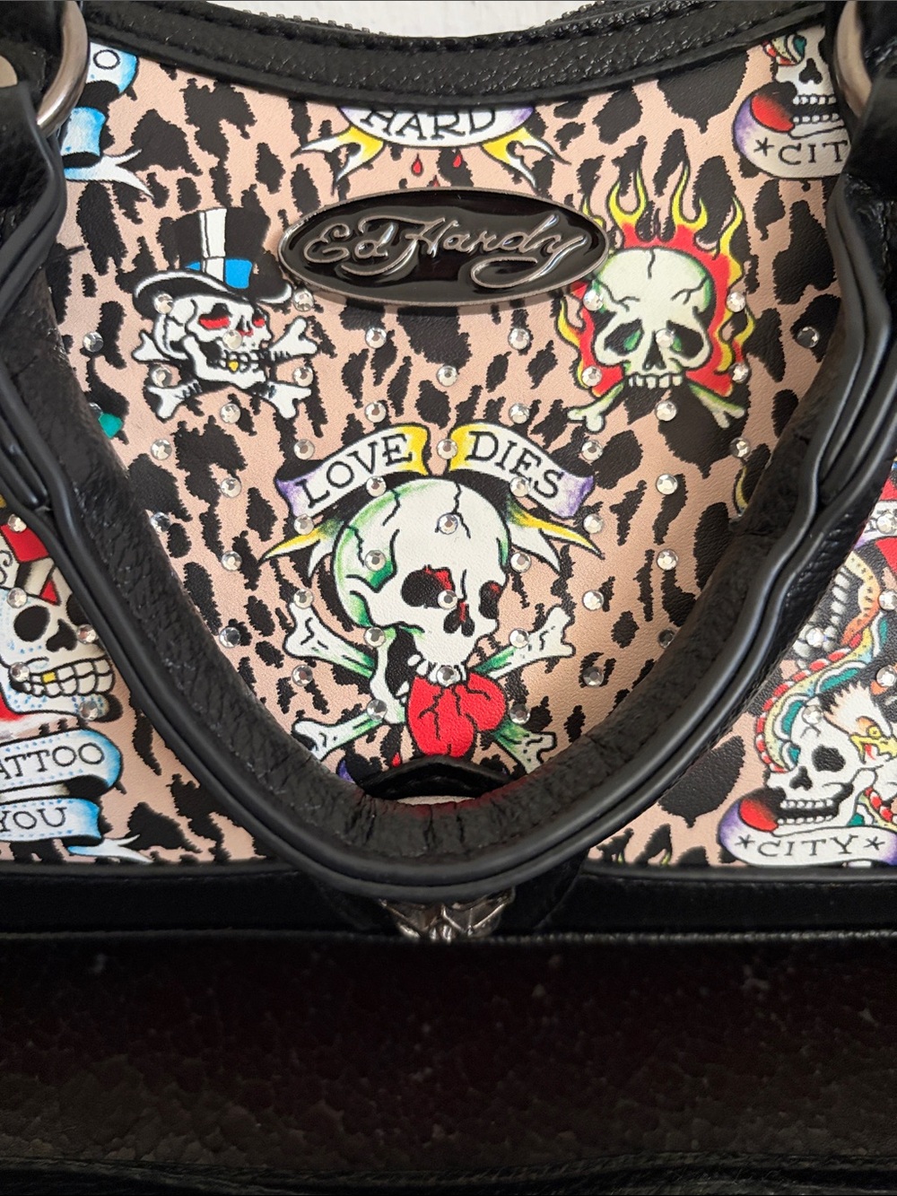 Ed Hardy Leopard Tattoo Crossbody Bag in Beige, Black, Red - Picture 2 of 6